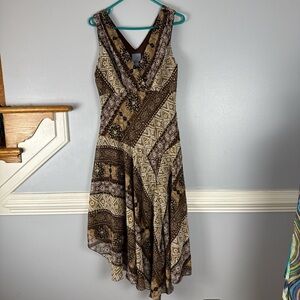 Rabbit Rabbit Rabbit Brown and Cream Asymmetrical V-Neck Maxi Dress